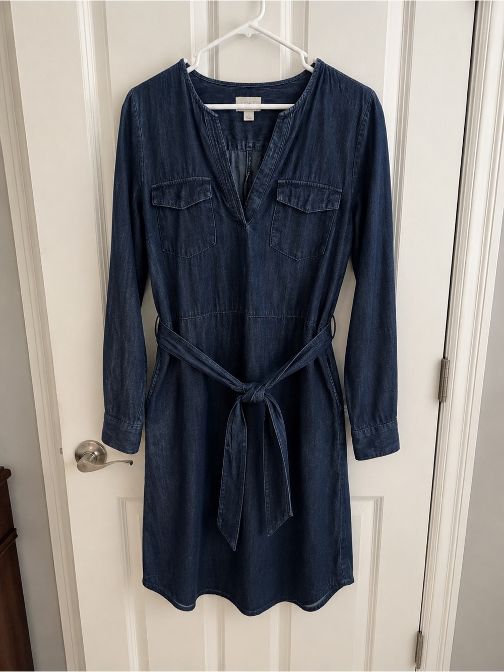 a new day Dark Blue Long Sleeve Denim Shirt Dress with Tie Waist